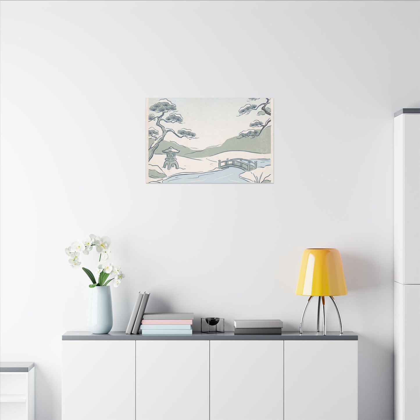 Japandi Moonlit Garden in Moonlight | Minimal Line Canvas Art