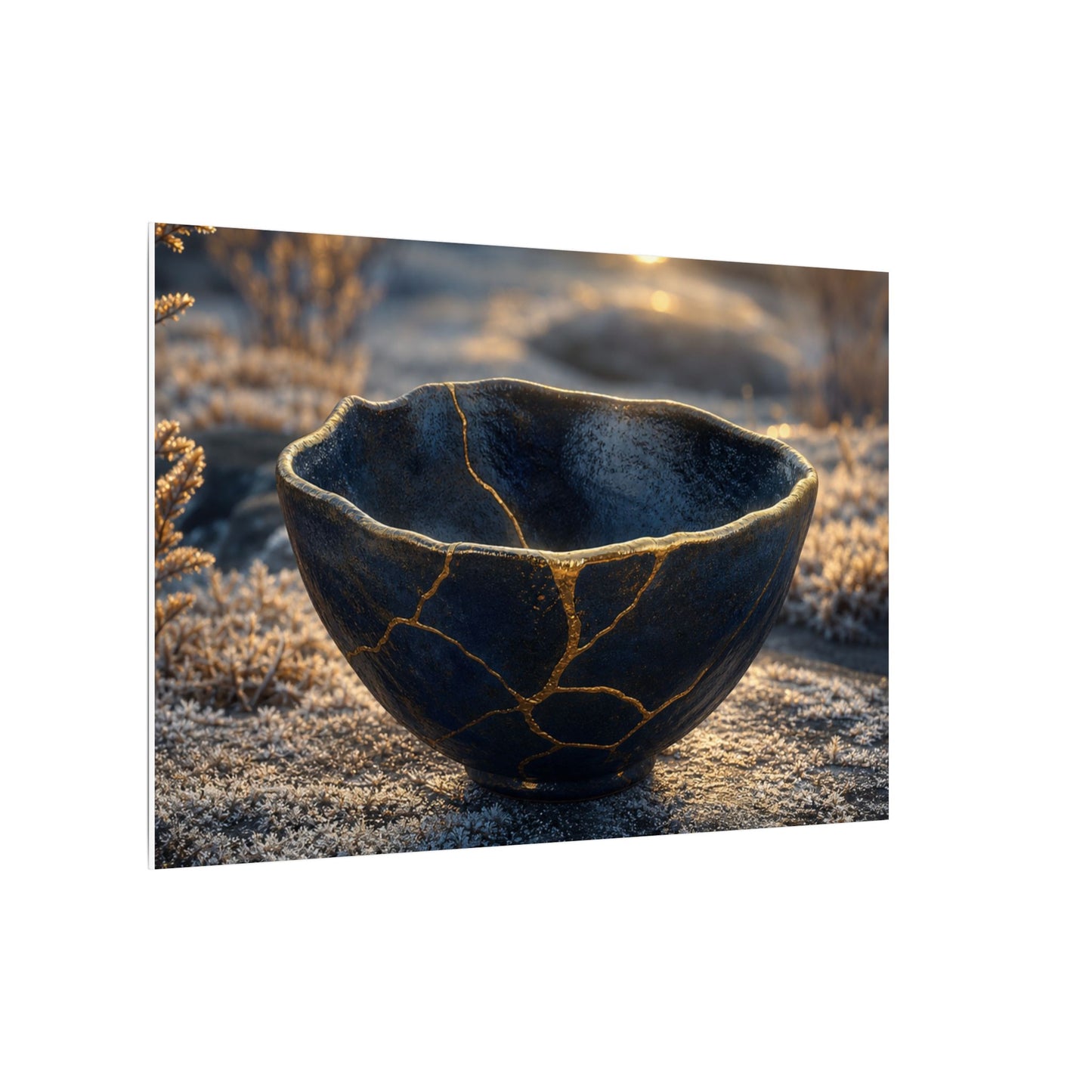 Ceramic Bowl Canvas Art | Winter Kintsugi Gold Repair Art
