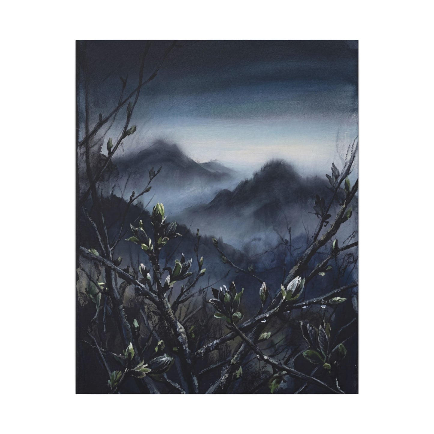 Mountain Mist Spring Canvas Art | Dark Japandi Atmospheric Design