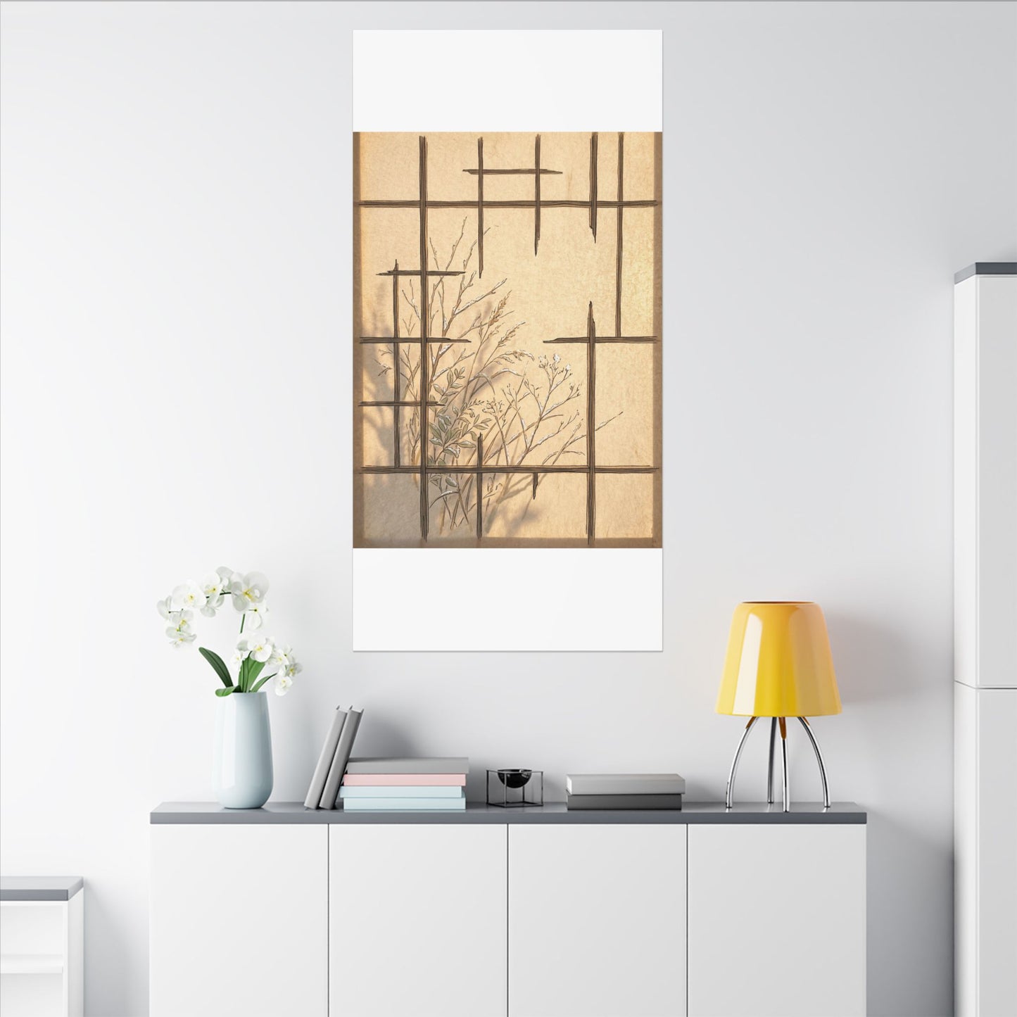 Shoji Screen Canvas Art | Winter Japandi Minimal Line Art
