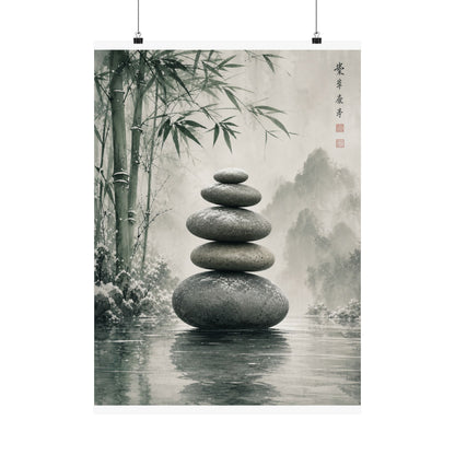 River Stones Sumi E Wall Art Print | Tranquil Zen Art
