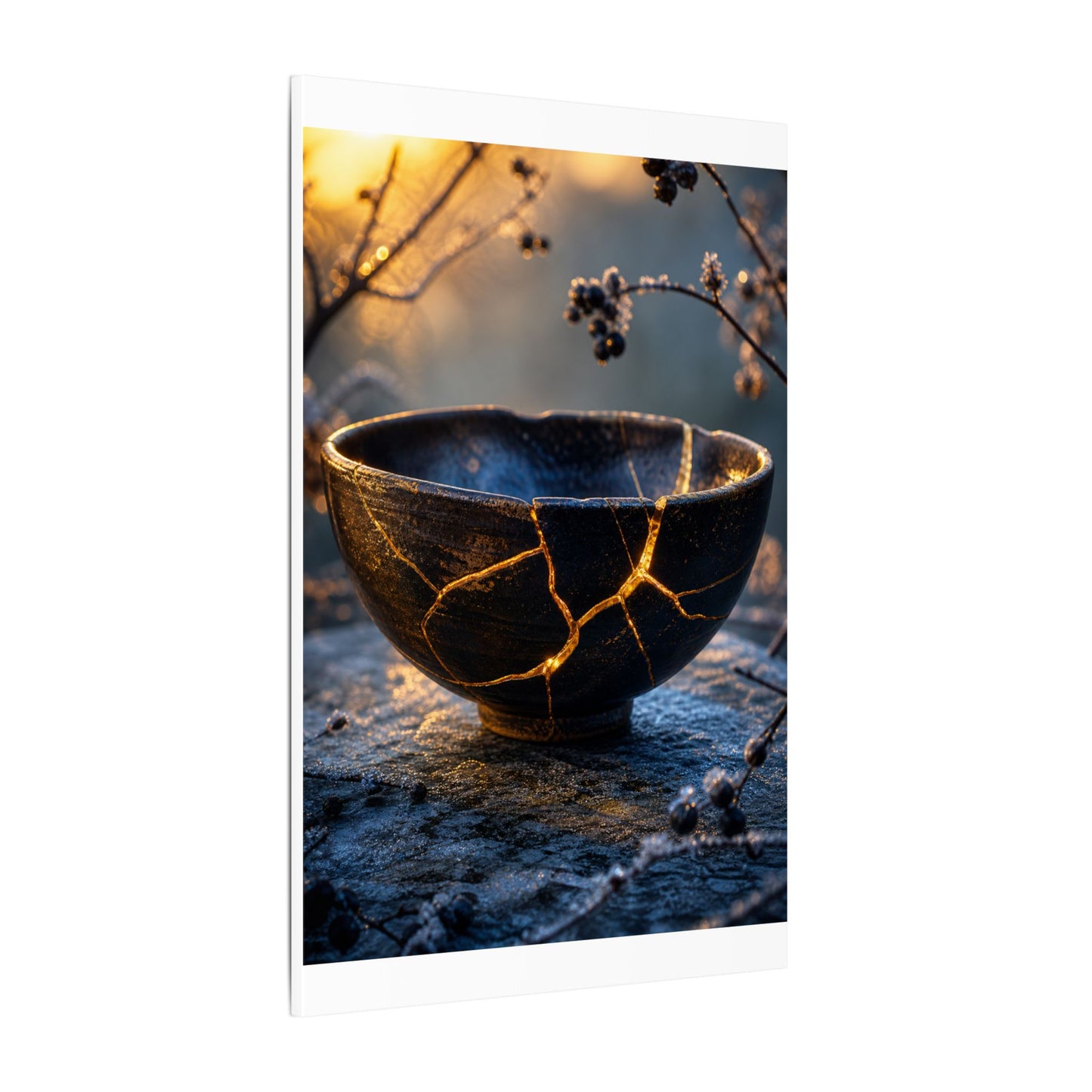 Ceramic Bowl Canvas Art | Winter Kintsugi Gold Repair Art