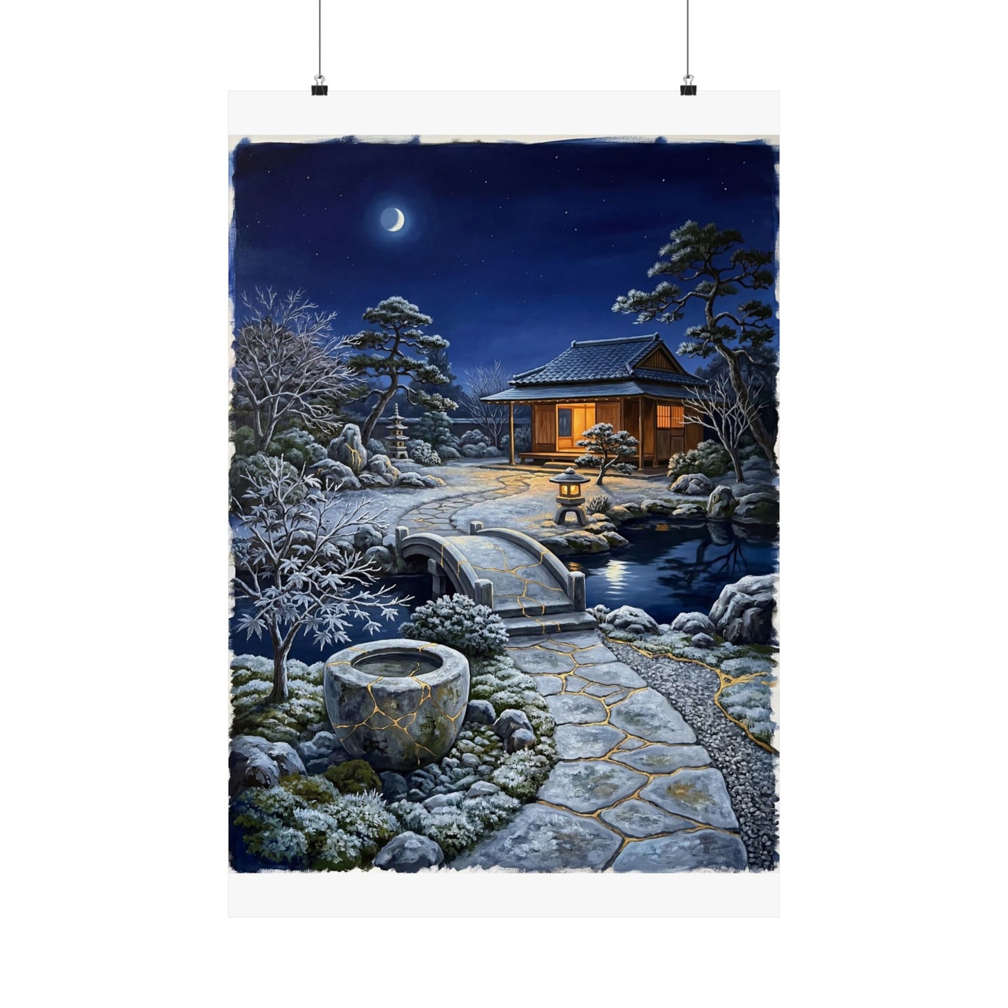 Moonlit Garden Winter Wall Art Print | Kintsugi Philosophical Design Art Print