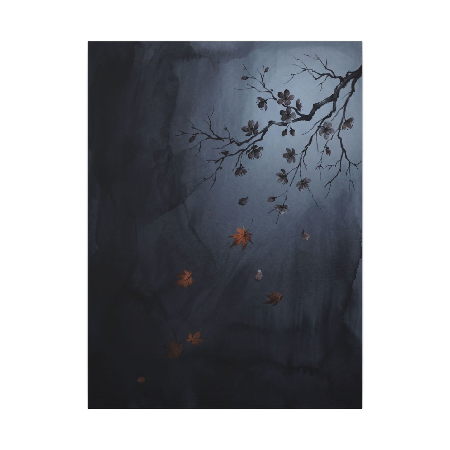 Autumn Cherry Blossom Charcoal Ink Canvas Art | Atmospheric Decor