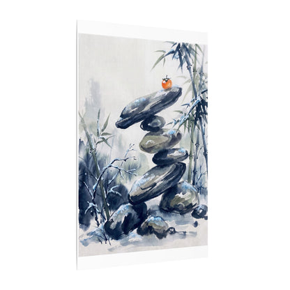 Zen River Stones in Moonlight | Sumi E Canvas Art