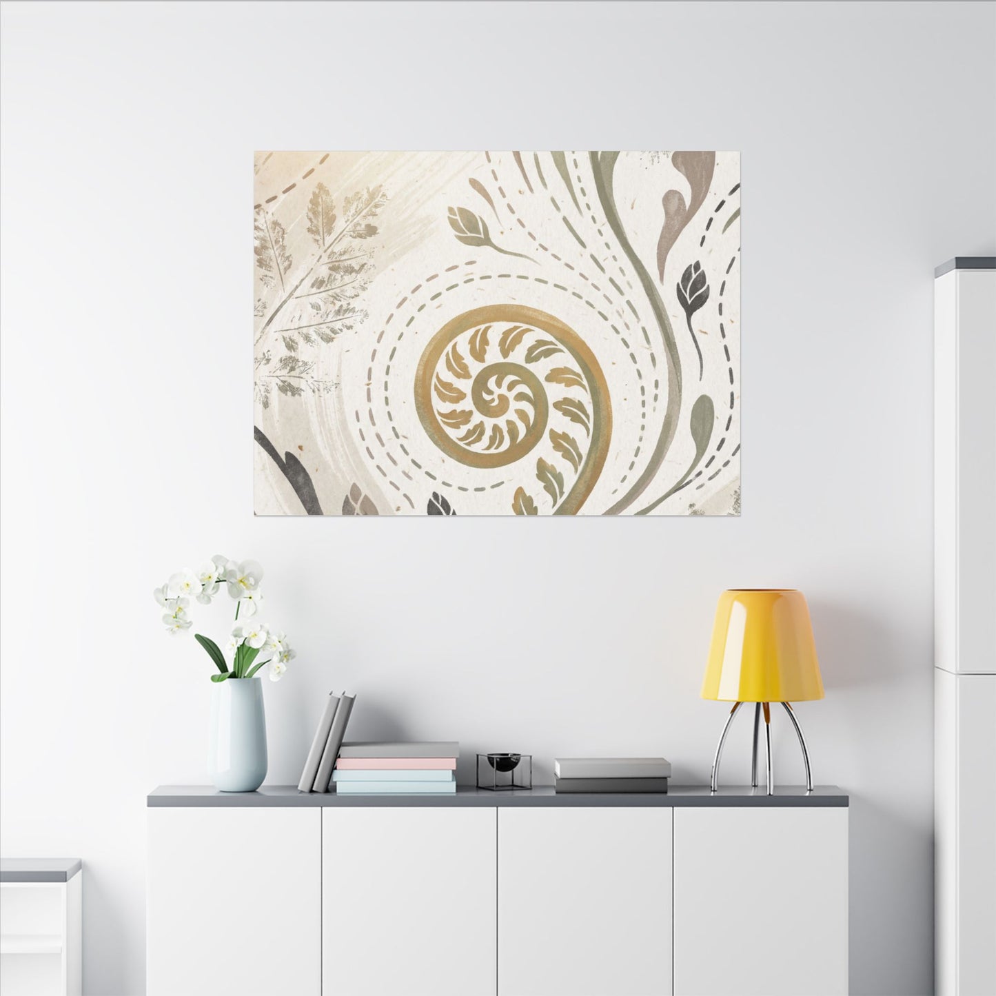 Japandi Fern Unfurling in Golden Hour | Japanese Pattern Canvas Art