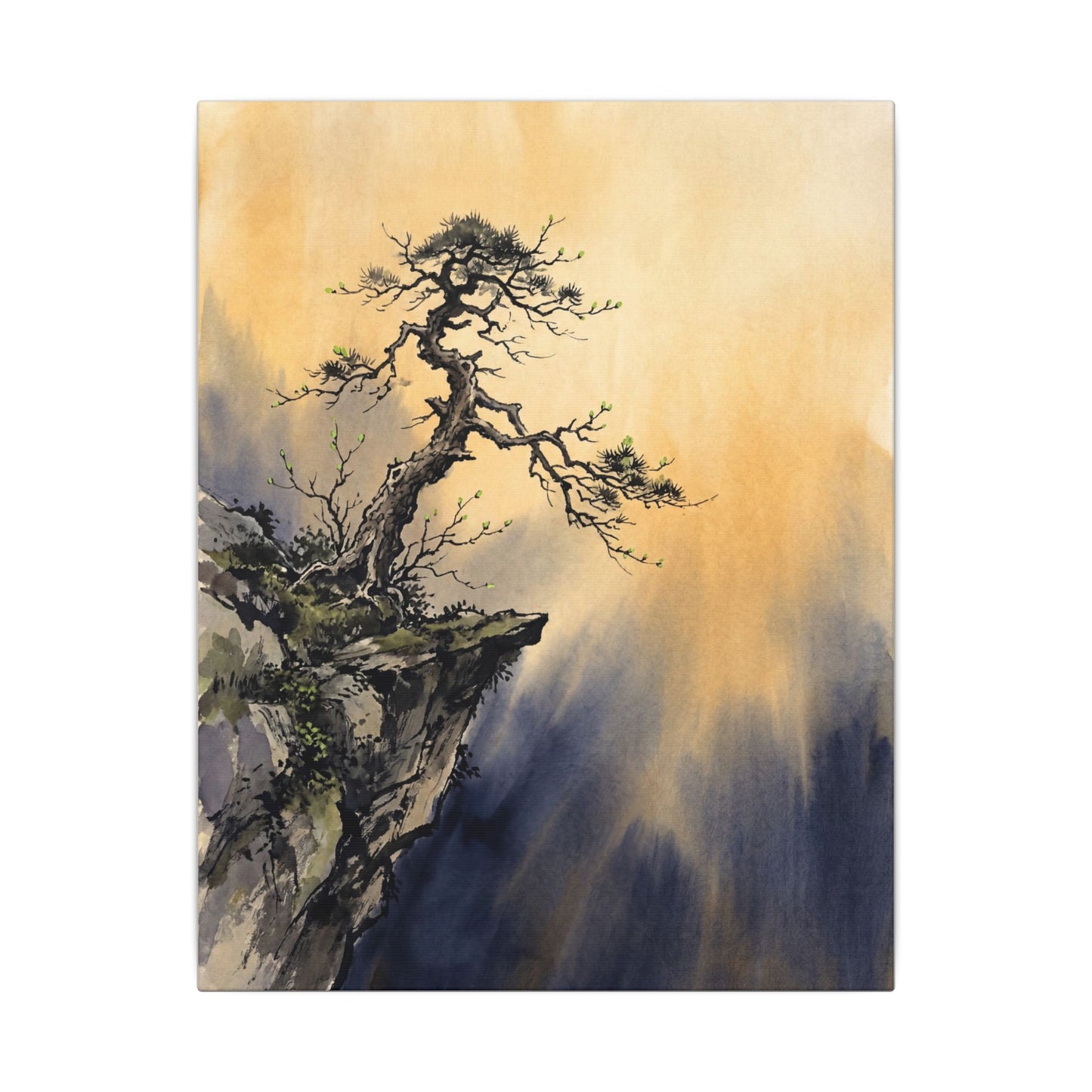 Zen Pine Tree in Golden Hour | Sumi E Canvas Art