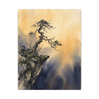 Zen Pine Tree in Golden Hour | Sumi E Canvas Art
