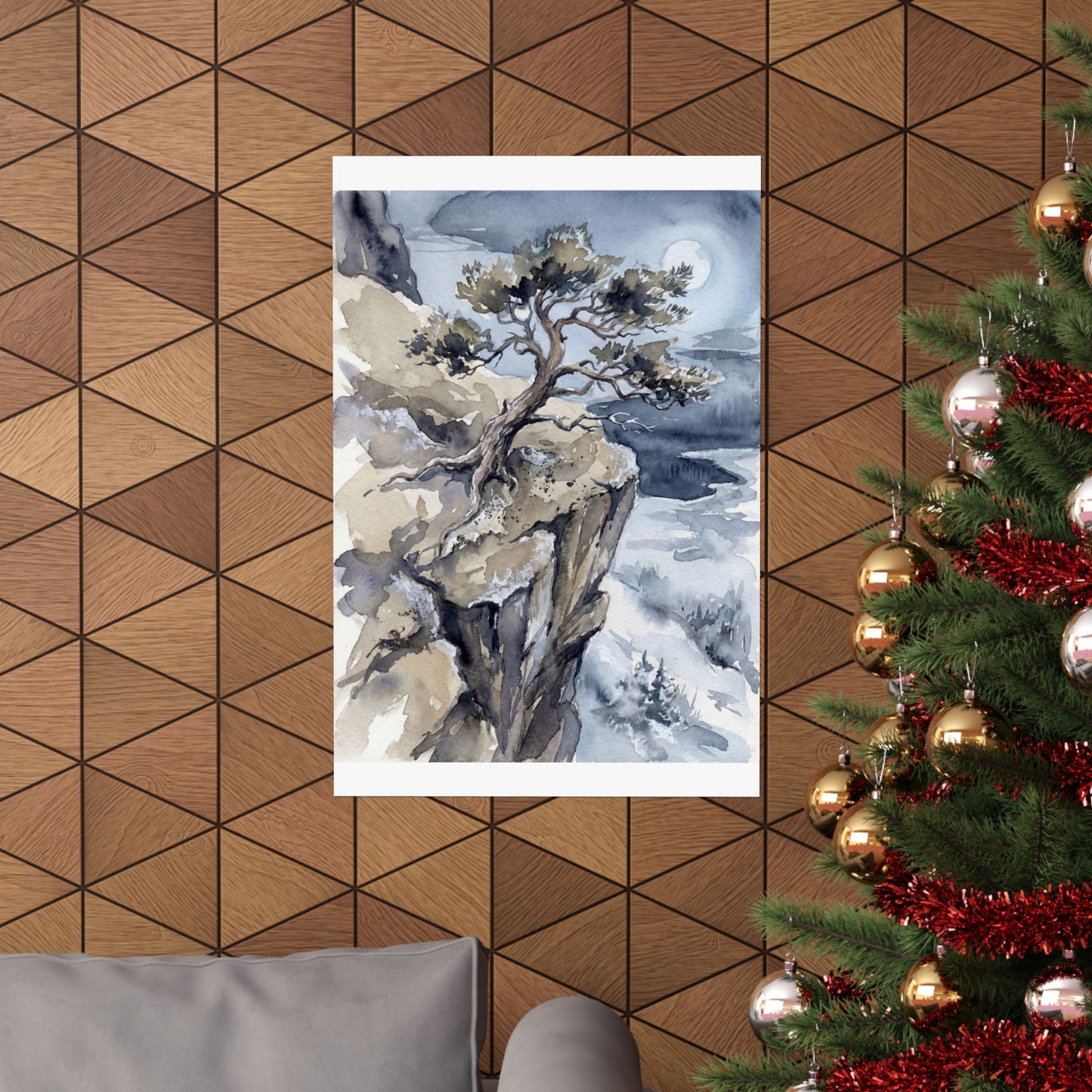 Japandi Pine Tree in Moonlight | Watercolor Wall Art Print