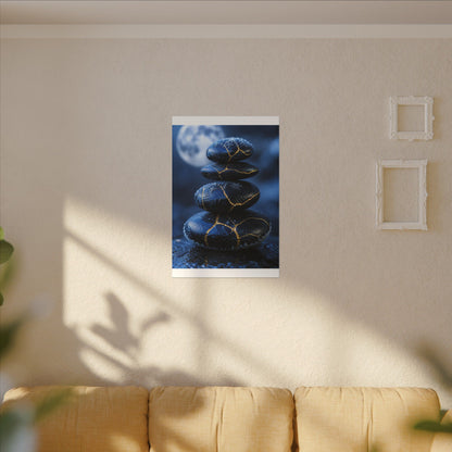 River Stones Canvas Art | Winter Kintsugi Gold Repair Art