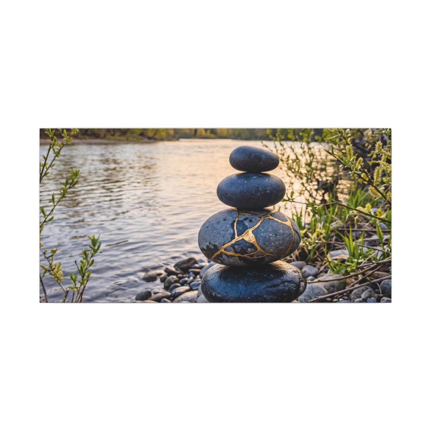 Kintsugi River Stones in Golden Hour | Gold Vein Canvas Art