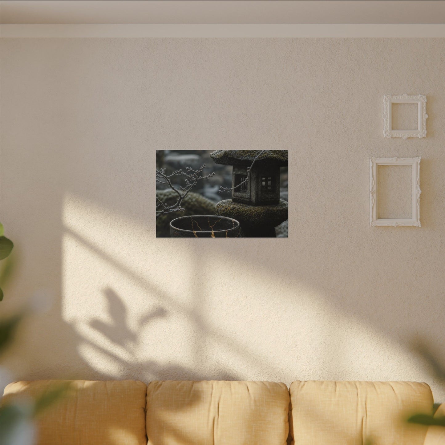 Stone Lantern Canvas Art | Winter Kintsugi Gold Repair Art