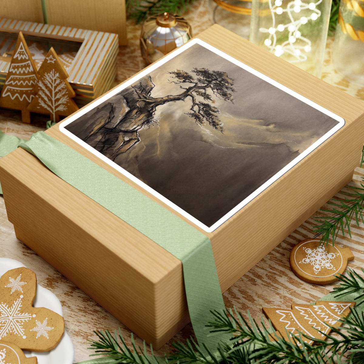 Pine Tree Sticker | Winter Dark Japandi Charcoal Ink Art Art Print
