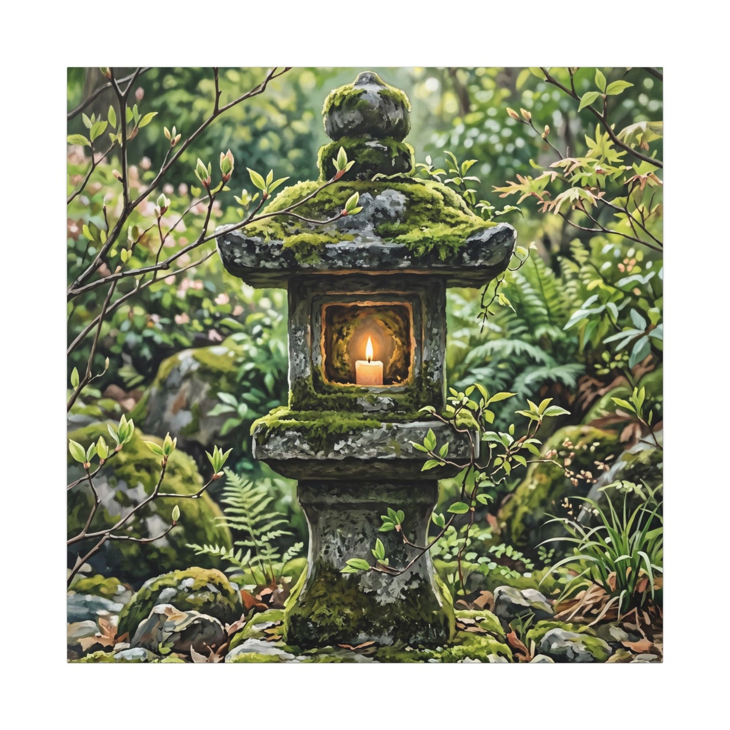 Neutral Stone Lantern Canvas Art - Japanese Pattern Japandi