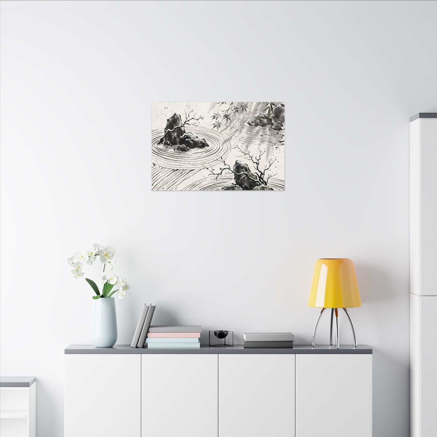 Rock Garden Canvas Art | Winter Zen Sumi E Art