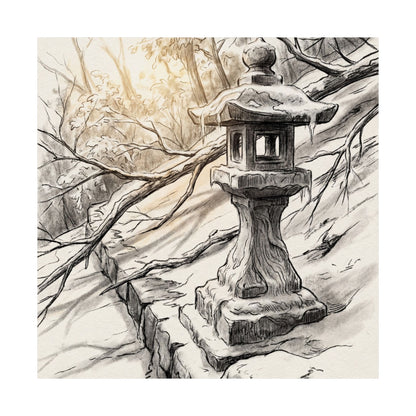 Japandi Stone Lantern in Golden Hour | Minimal Line Wall Art Print