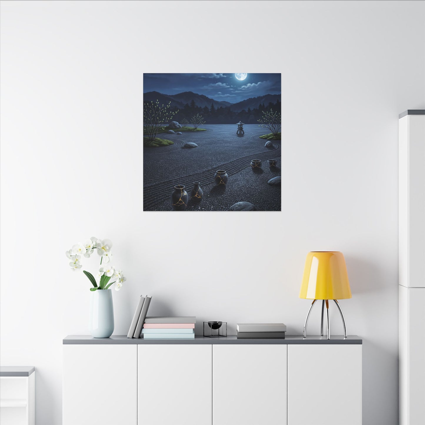 Kintsugi Moonlit Garden in Moonlight | Gold Repair Canvas Art