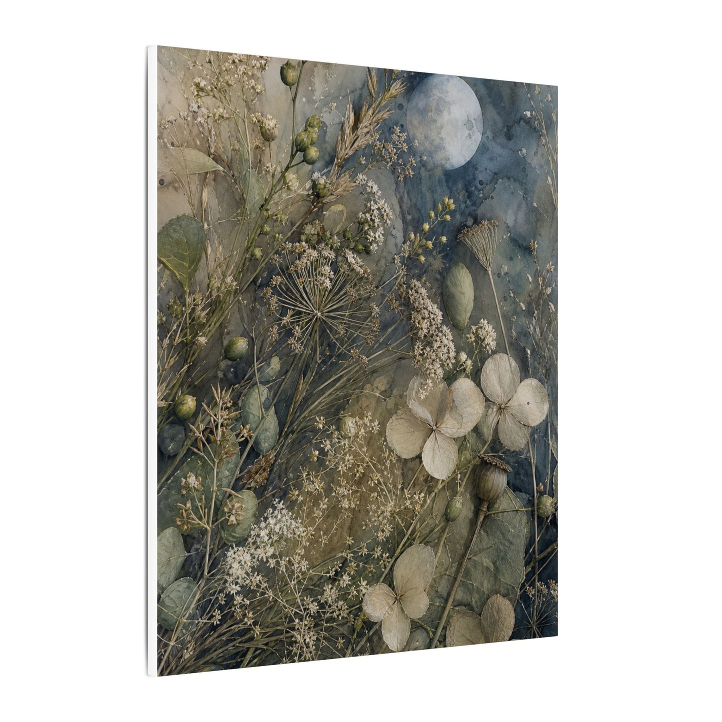 Japandi Dried Flowers in Moonlight | Watercolor Canvas Art