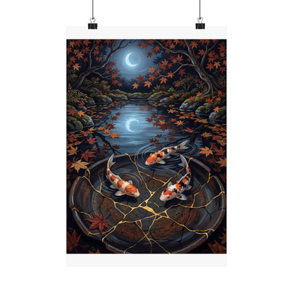 Kintsugi Koi Pond in Moonlight | Gold Repair Wall Art Print