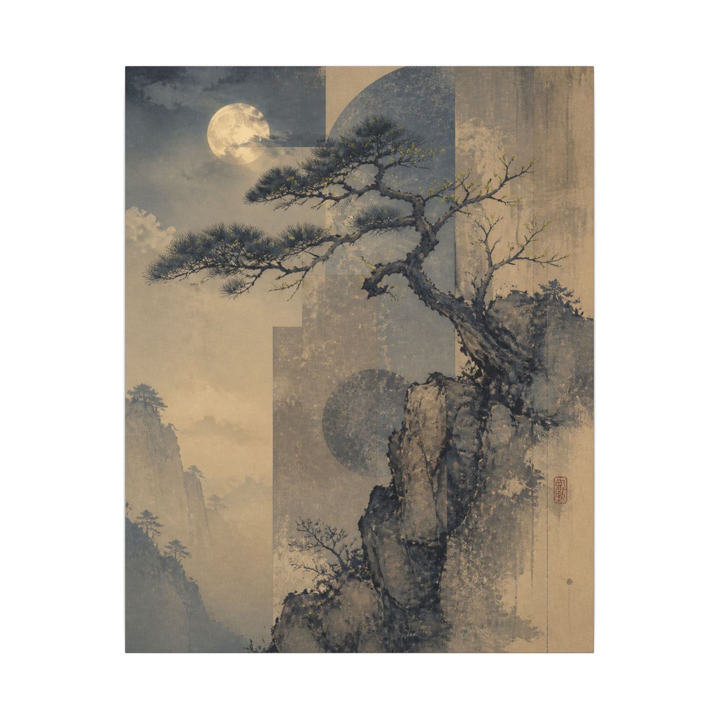 Japandi Pine Tree in Moonlight | Japanese Pattern Canvas Art