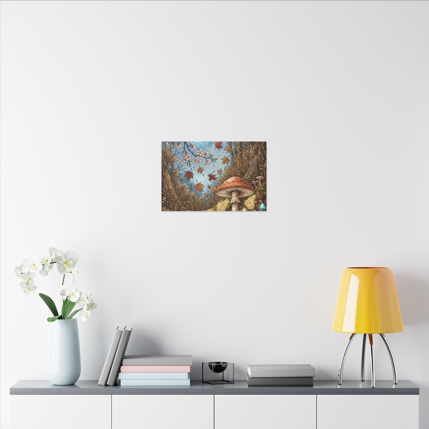 Autumn Cherry Blossom Mushroom Illustration Canvas Art | Enchanting Decor