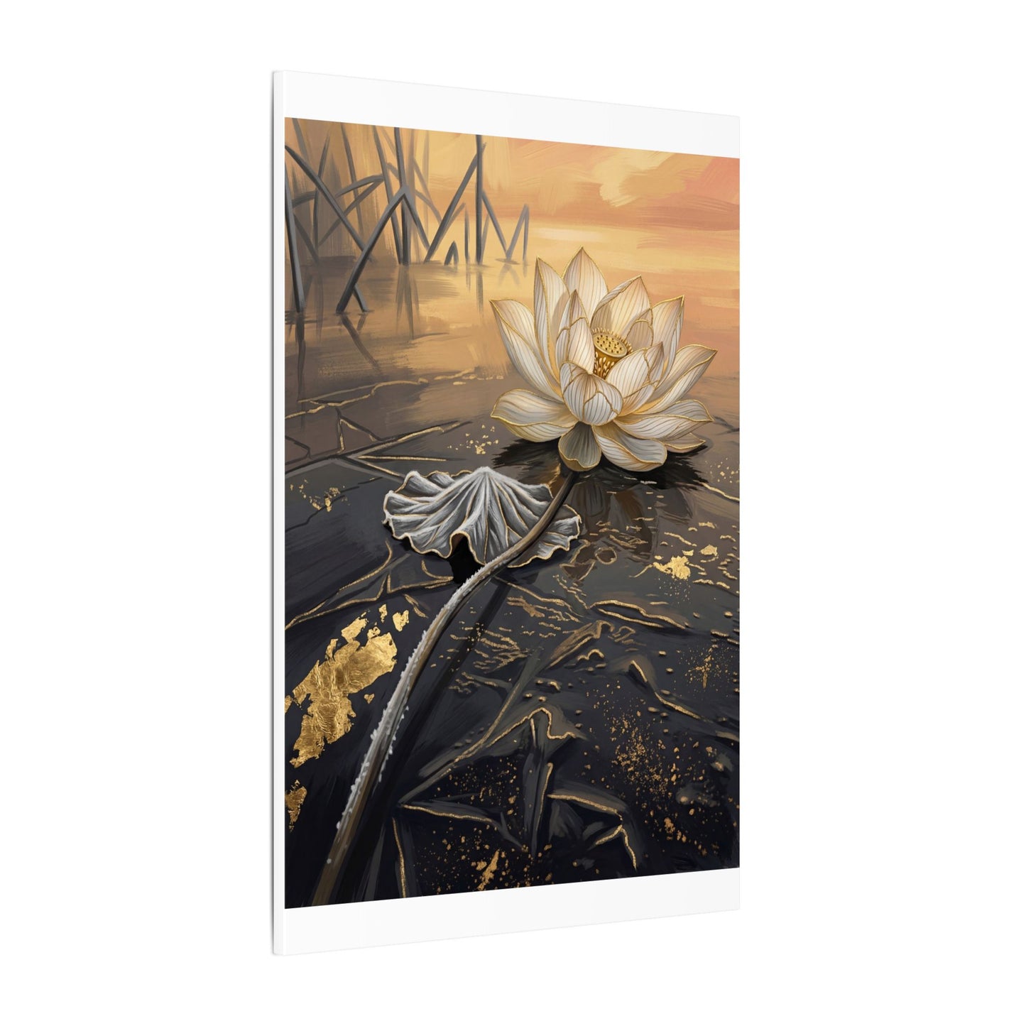 Kintsugi Lotus Flower in Golden Hour | Gold Vein Canvas Art