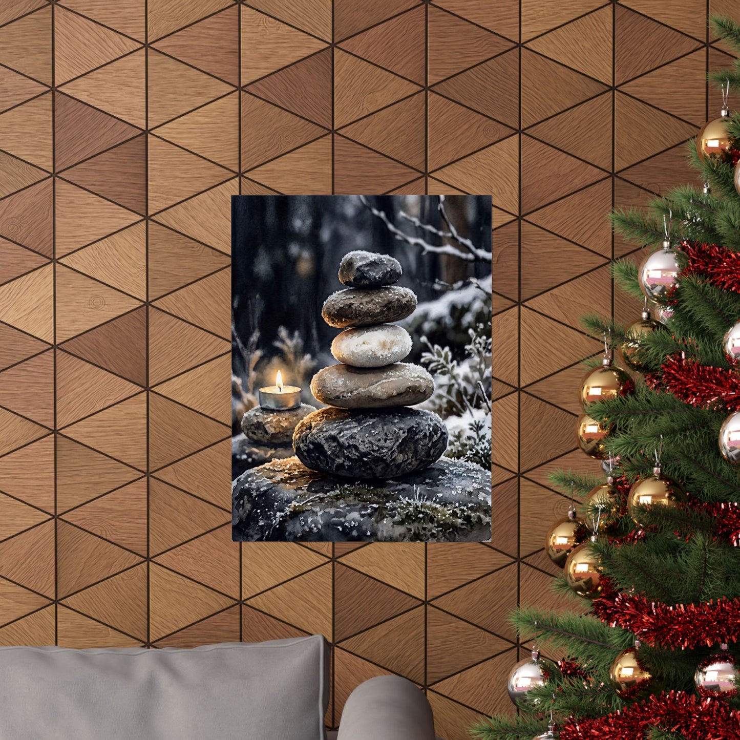 River Stones Wall Art Print | Winter Japandi Watercolor Art