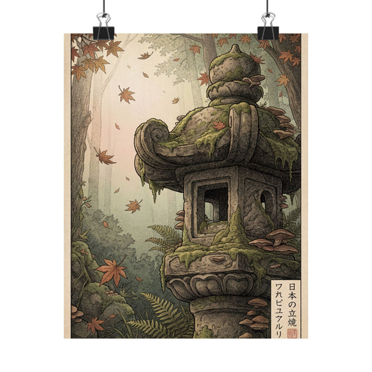 Fukinsei Stone Lantern Wall Art Print - Cottagecore Vintage Botanical Art Print