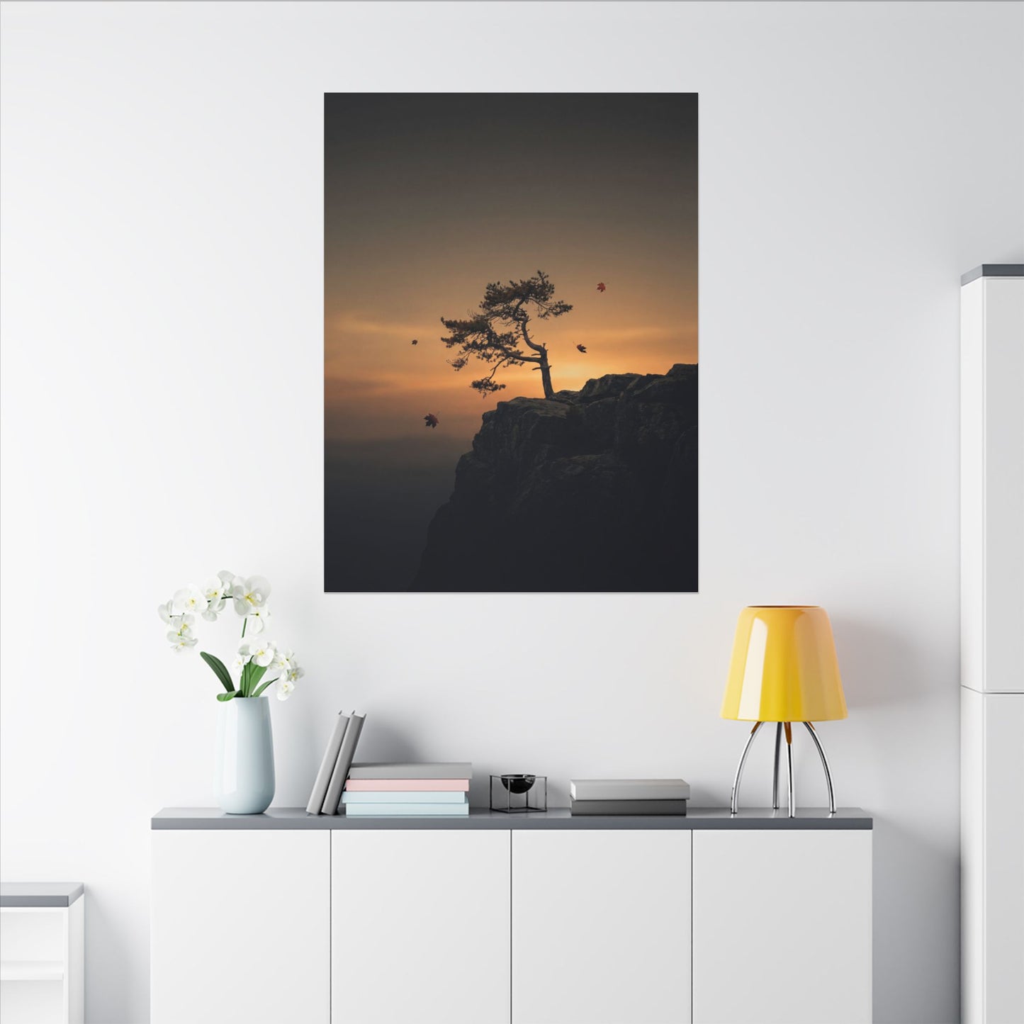 Dark Japandi Pine Tree in Golden Hour | Moody Minimal Canvas Art