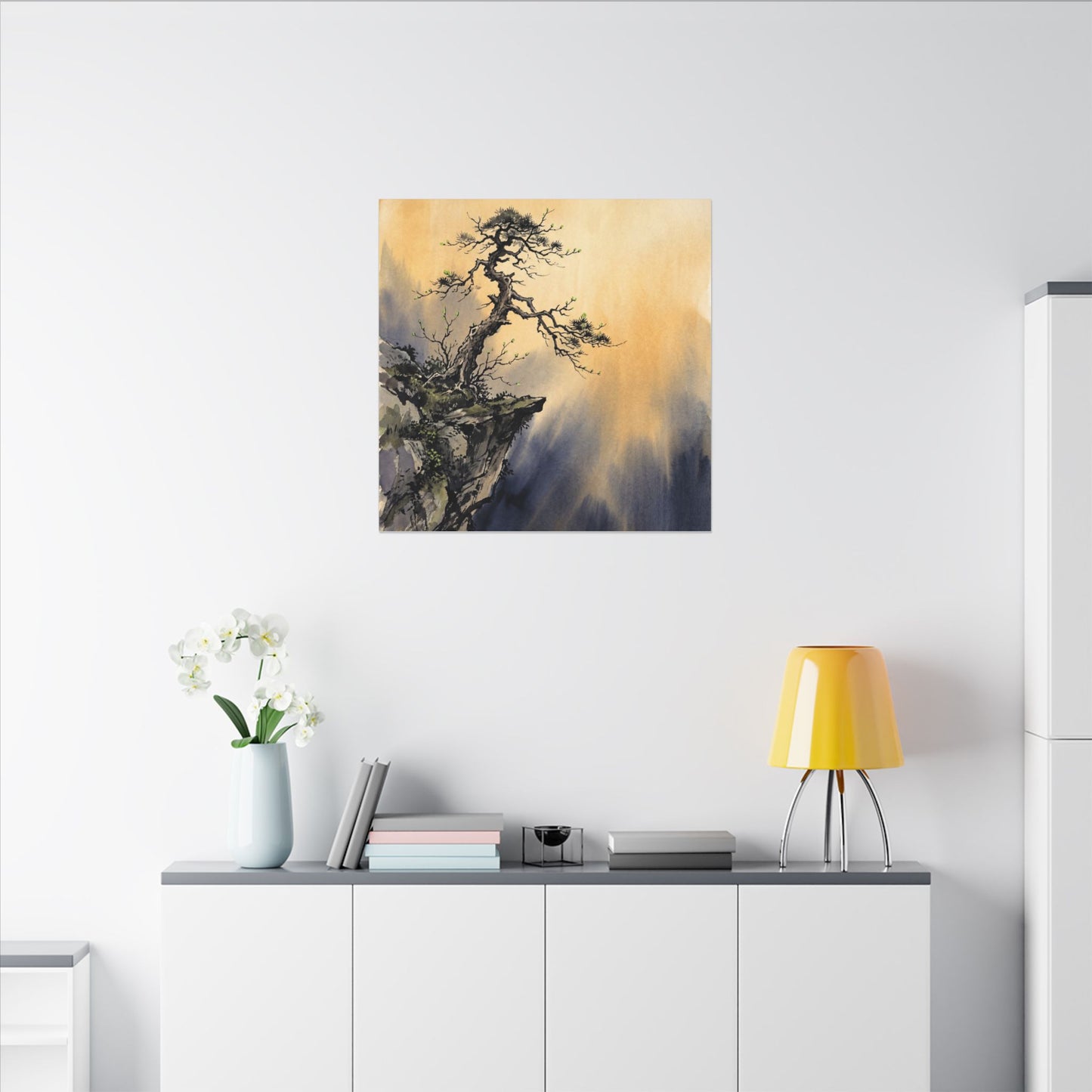 Zen Pine Tree in Golden Hour | Sumi E Canvas Art