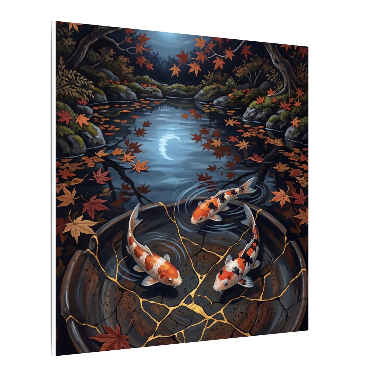 Koi Pond Canvas Art | Autumn Kintsugi Gold Repair Art