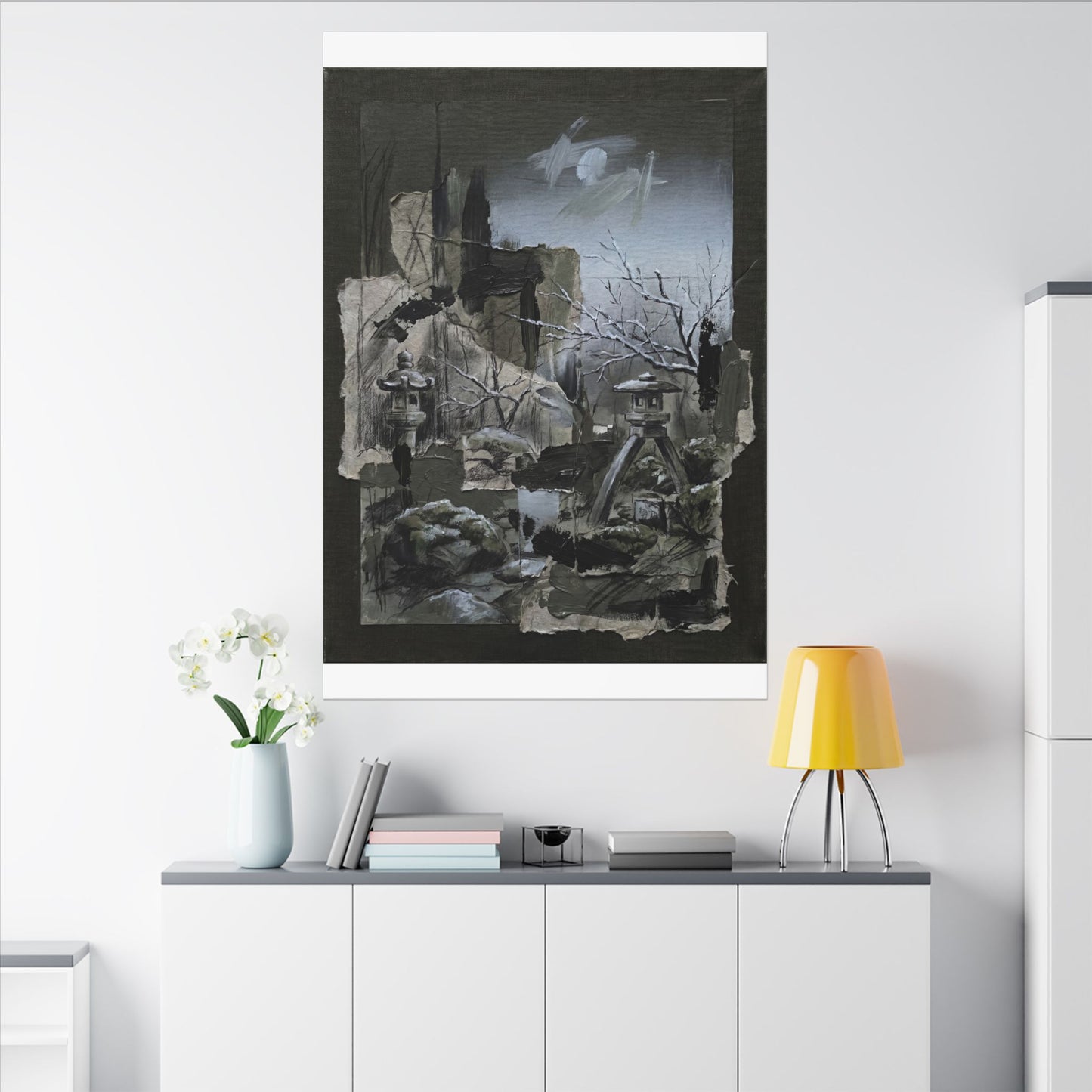 Winter Moonlit Garden Dark Texture Canvas Art | Moody Decor