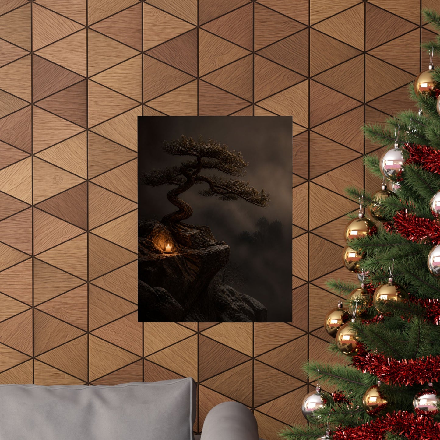 Candlelight Pine Tree Wall Art Print - Dark Japandi Kanso