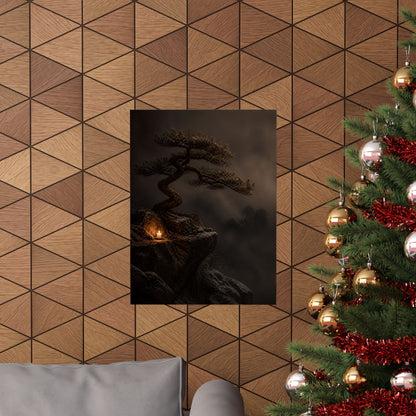 Candlelight Pine Tree Wall Art Print - Dark Japandi Kanso