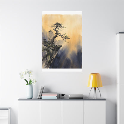 Zen Pine Tree in Golden Hour | Sumi E Canvas Art