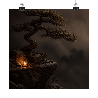 Candlelight Pine Tree Wall Art Print - Dark Japandi Kanso