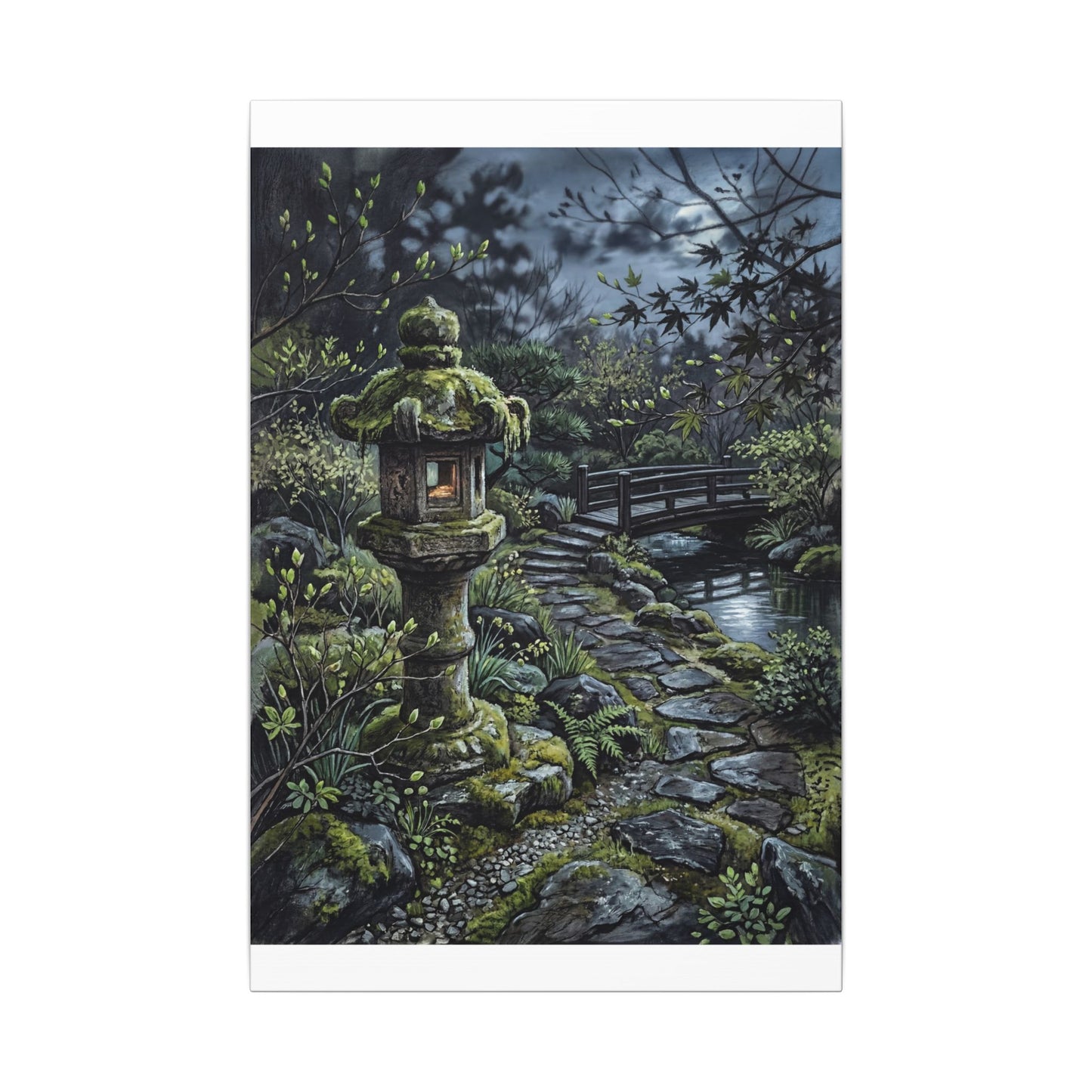 Japandi Stone Lantern in Moonlight | Texture Canvas Art