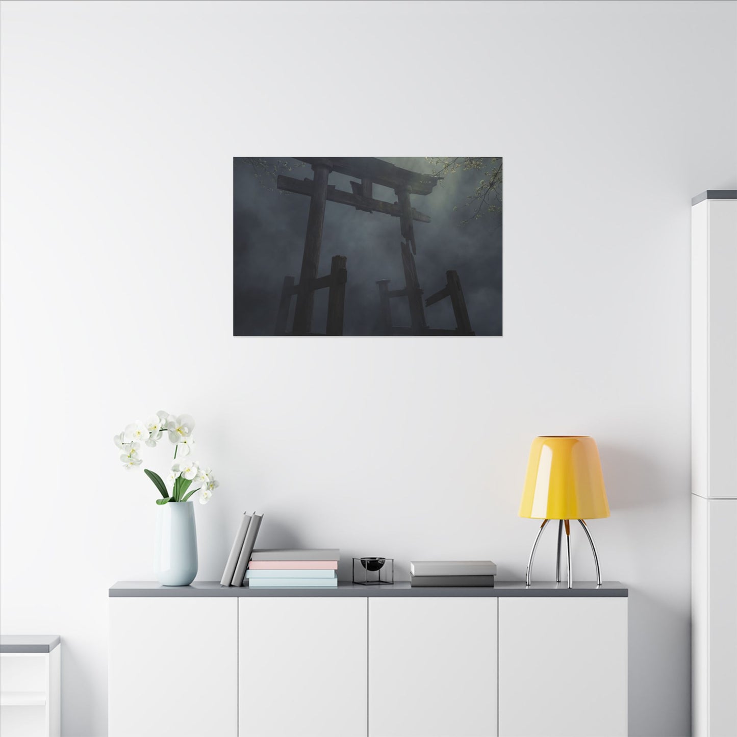 Dark Japandi Torii Gate in Dappled | Moody Minimal Canvas Art