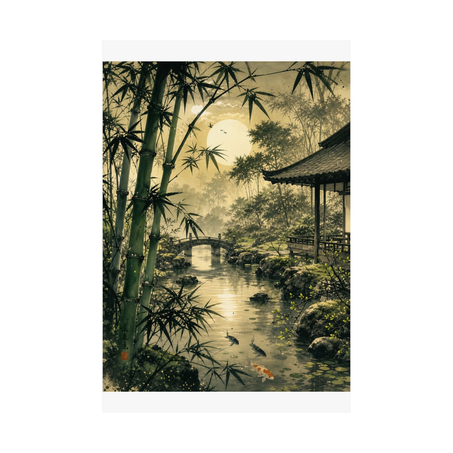 Datsuzoku Moonlit Garden Wall Art Print - Zen Sumi E