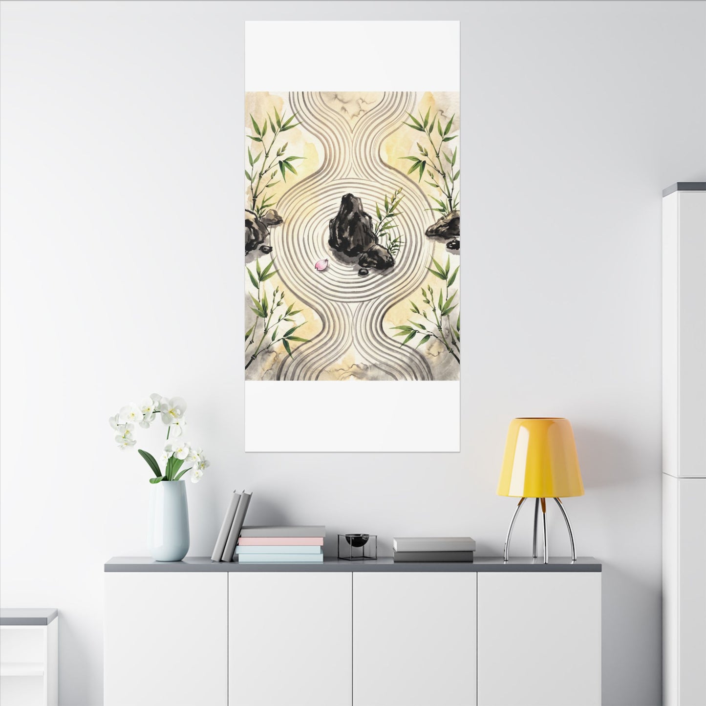 Zen Rock Garden in Golden Hour | Sumi E Canvas Art