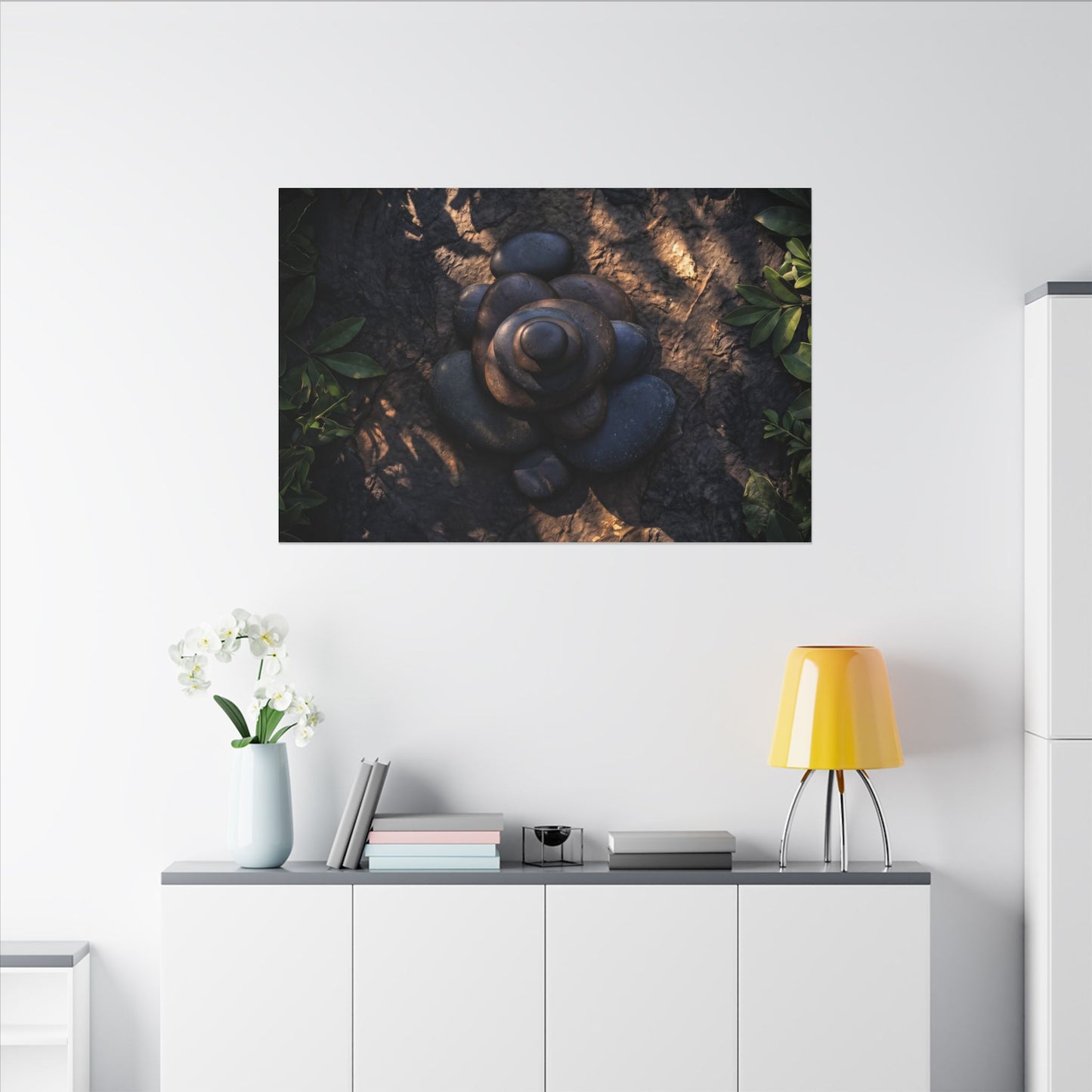 Ma River Stones Canvas Art - Dark Japandi Dark Texture
