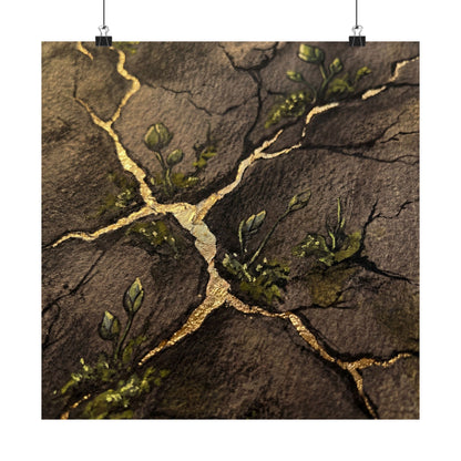 Fukinsei Cracked Earth Wall Art Print - Dark Japandi Charcoal Ink