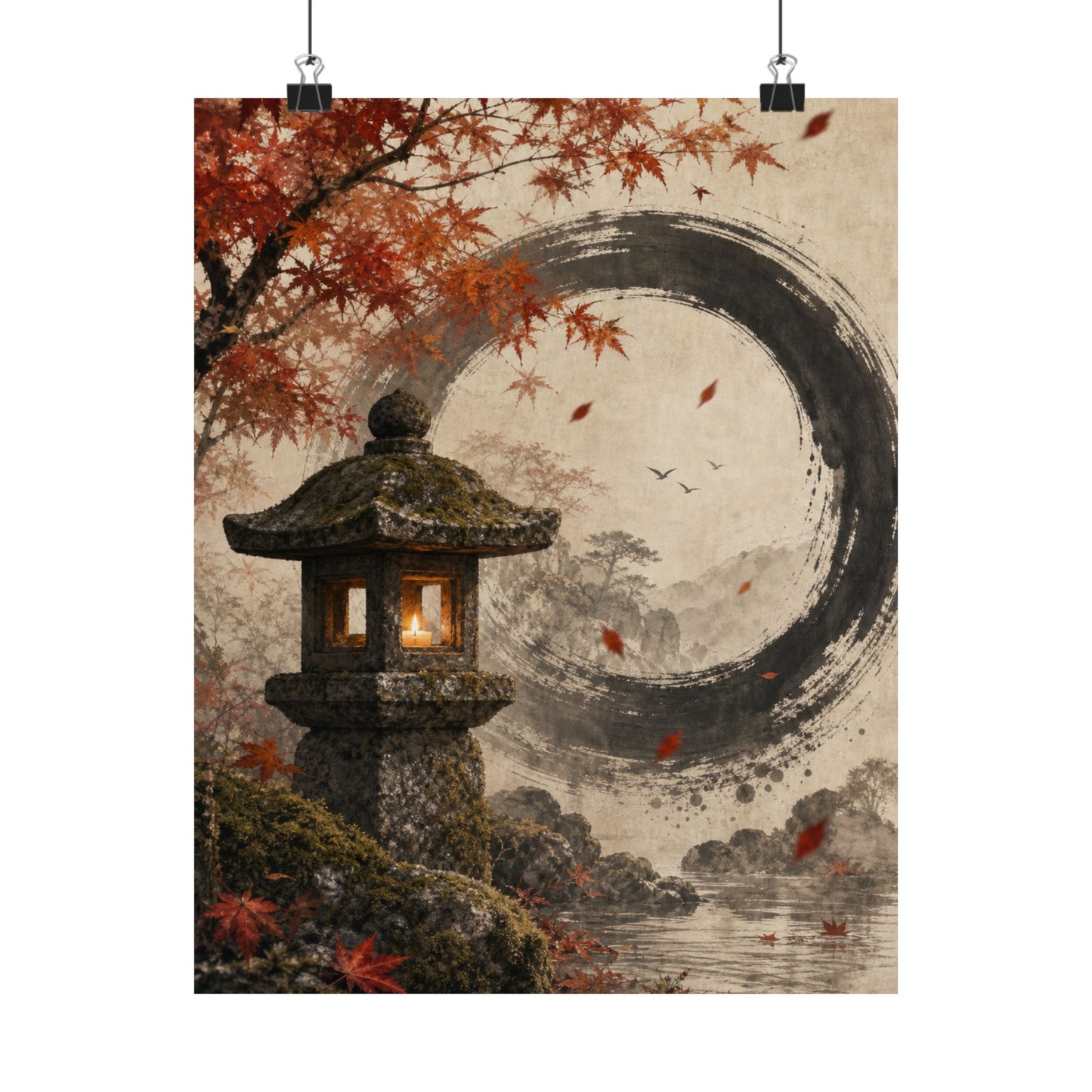 Autumn Stone Lantern Enso Wall Art Print | Serene Decor