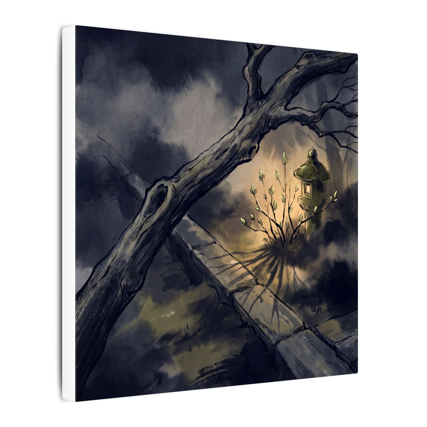 Dark Japandi Moonlit Garden in Golden Hour | Charcoal Ink Canvas Art