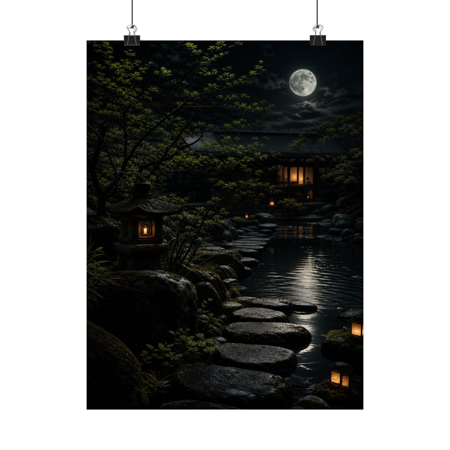 Ma Moonlit Garden Wall Art Print - Dark Japandi Shadow Zen