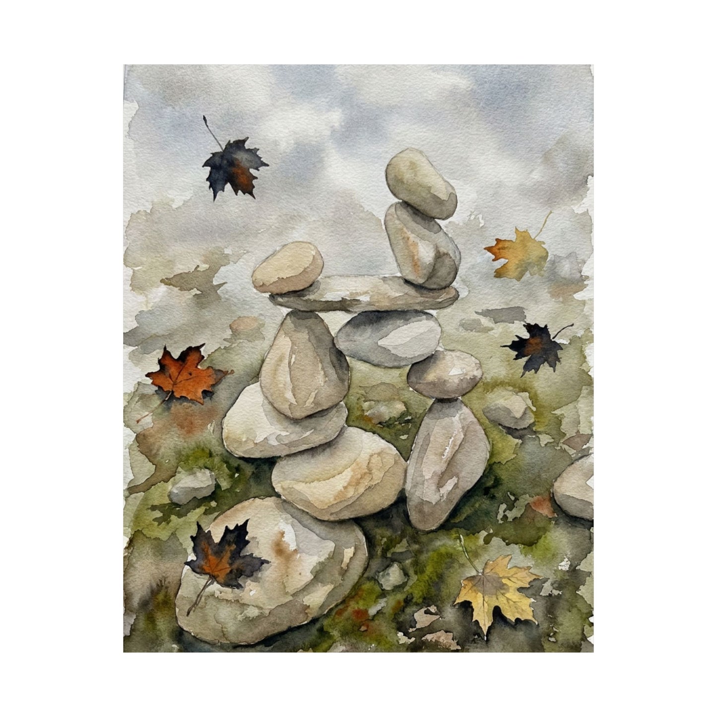Earthy River Stones Wall Art Print - Watercolor Japandi