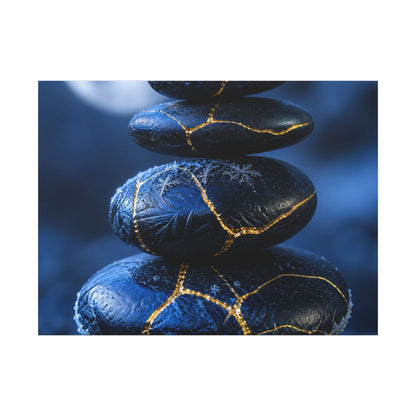 River Stones Canvas Art | Winter Kintsugi Gold Repair Art