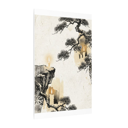 Japandi Pine Tree in Candlelight | Japanese Pattern Canvas Art