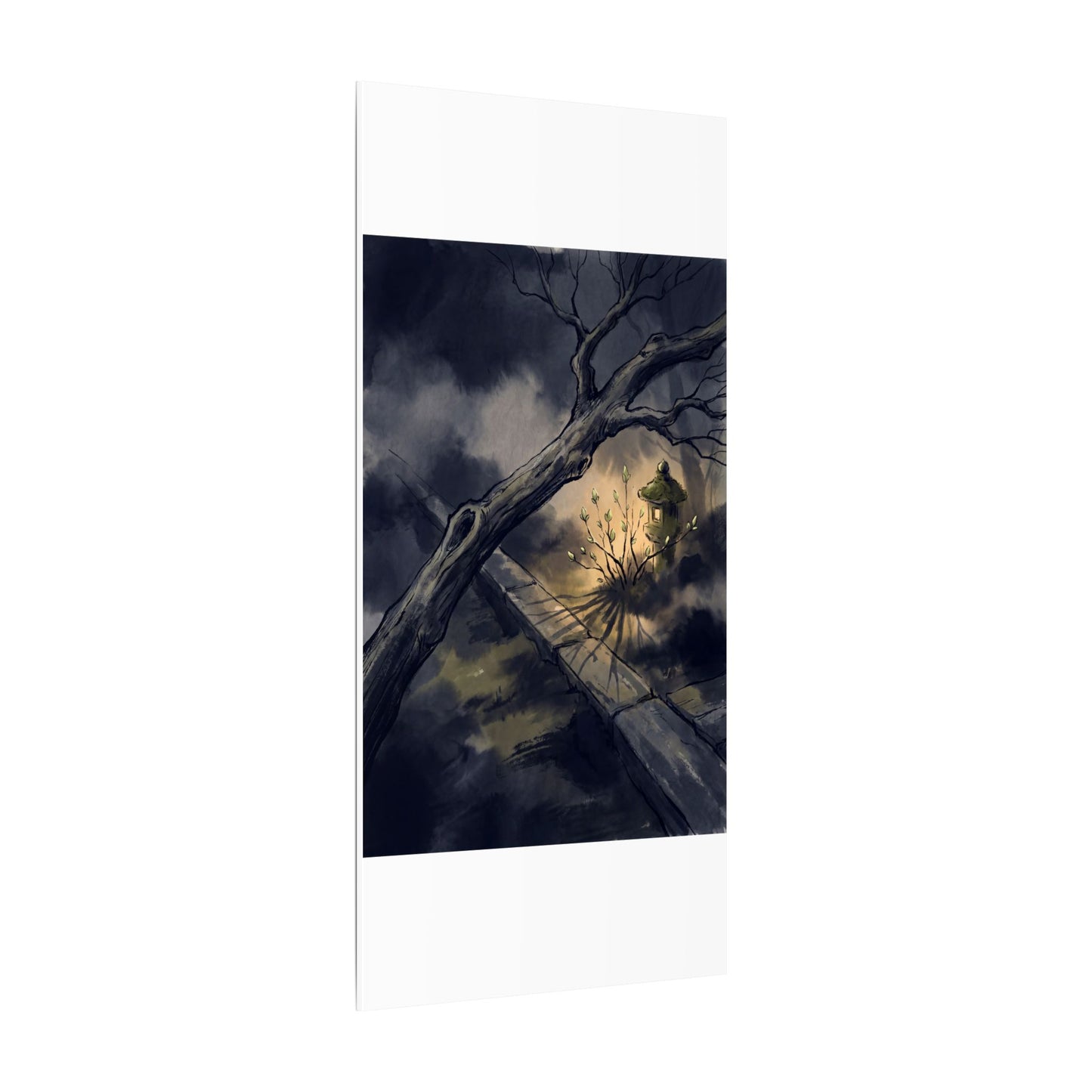 Dark Japandi Moonlit Garden in Golden Hour | Charcoal Ink Canvas Art