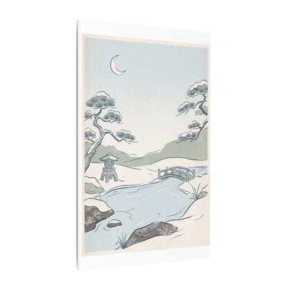 Japandi Moonlit Garden in Moonlight | Minimal Line Canvas Art